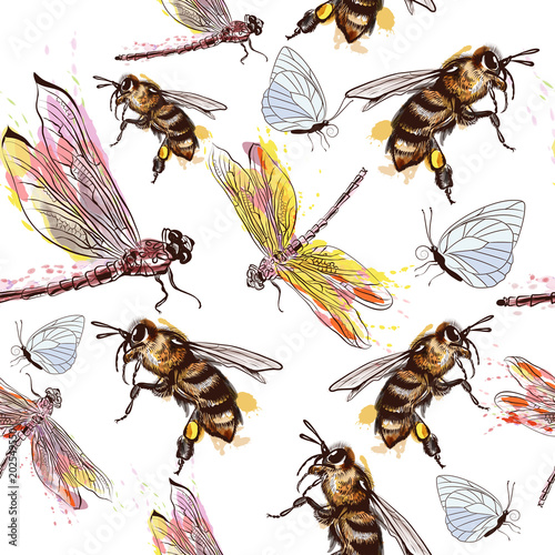 Beautiful pattern or background with dragonfly, bees and butterflies in water...