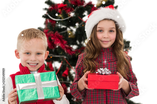 Festive little siblings smiling at camera holding gifts against snow