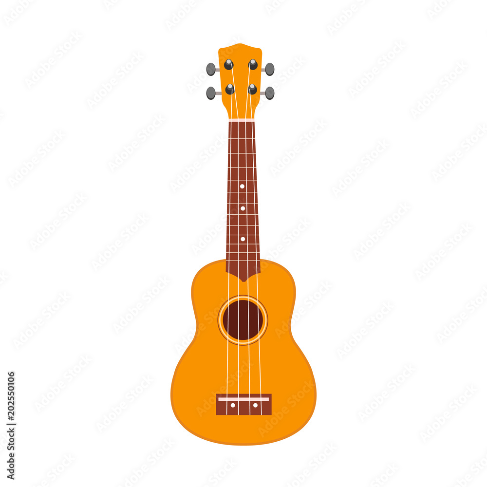 Obraz premium Ukulele icon. Vector illustration of yellow and brown hawaiian guitar isolated on a white background. Ukulele, Hawaii national musical instrument. 
