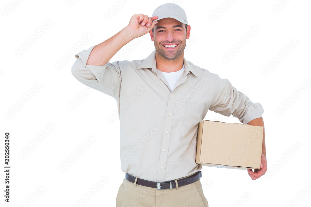 Portrait of happy delivery man with cardboard box wearing cap Portrait of happy delivery man with cardboard box wearing cap