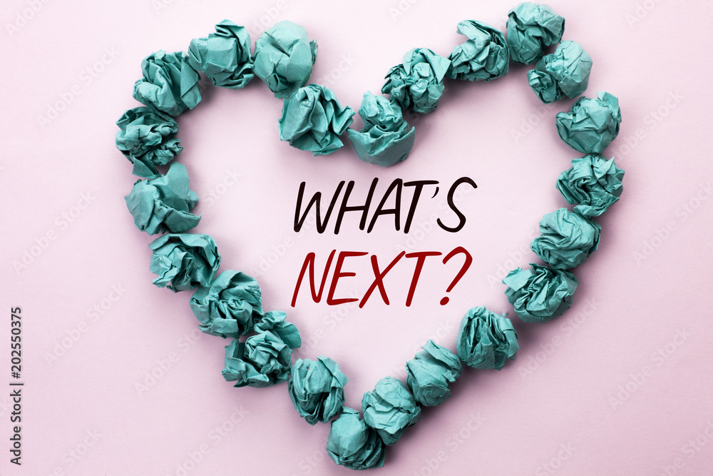 Obraz premium Conceptual hand writing showing What s Next Question. Business photo text Asking Imagination Choice Solution Next Questionaire written on Plain background within Heart Paper Balls.