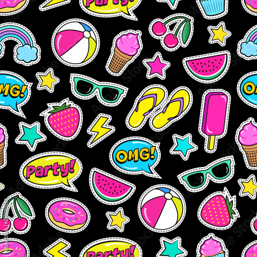 Cute summer seamless colorful pattern of fashion patches: strawberry, slippers, ball,ice-cream, donut, watermelon, cherry, cupcake, speech bubbles etc. Cartoon stickers. Vector illustration