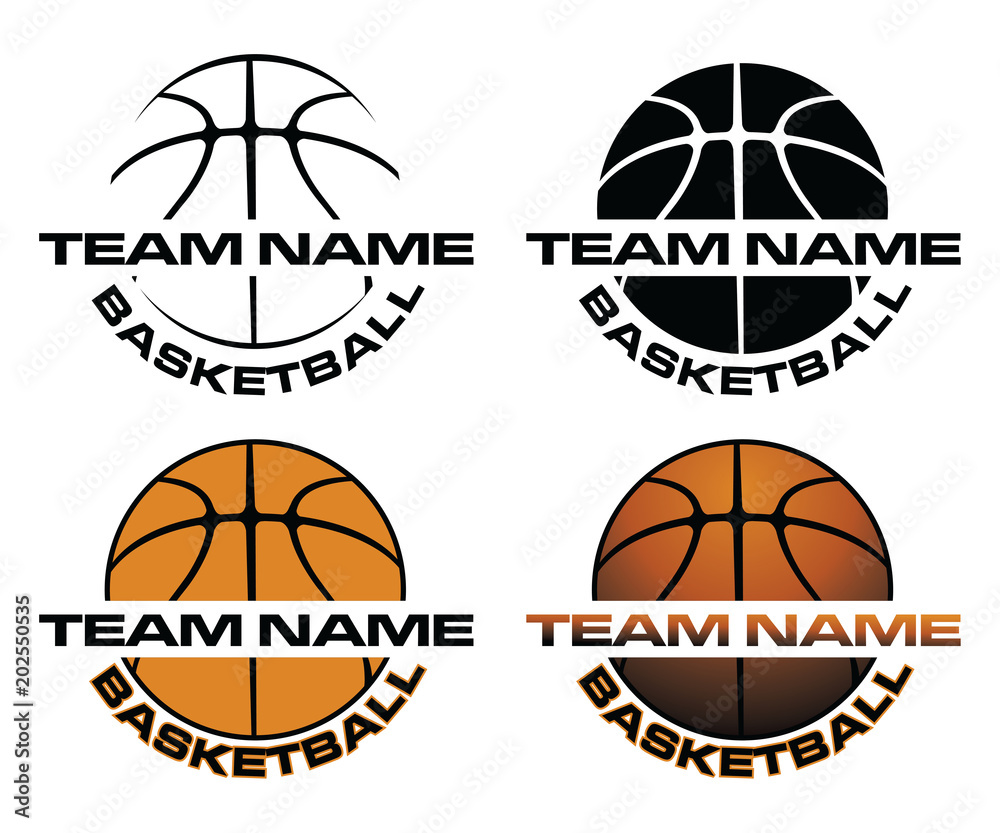 Basketball Designs With Team Name is an illustration is an illustration of  a four versions of a basketball design that can be used for t-shirts,  flyers, ads or anything else. Stock Vector