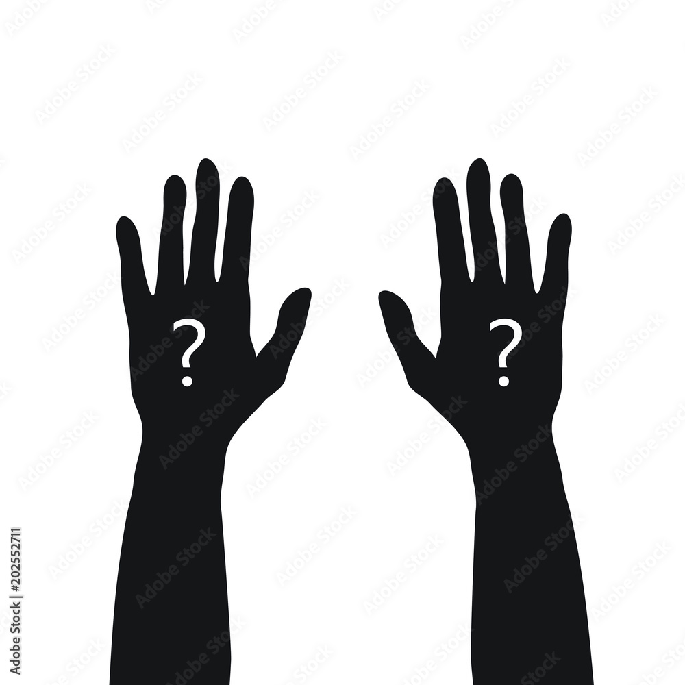 black hands up with white question mark, unknown or asking concept, simple vector black hands up with white question mark, unknown or asking concept, simple vector