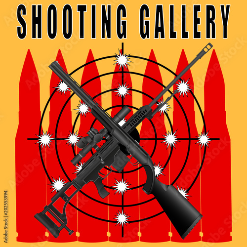 poster, banner shooting range, a sniper rifle and a rifle target on a yellow background