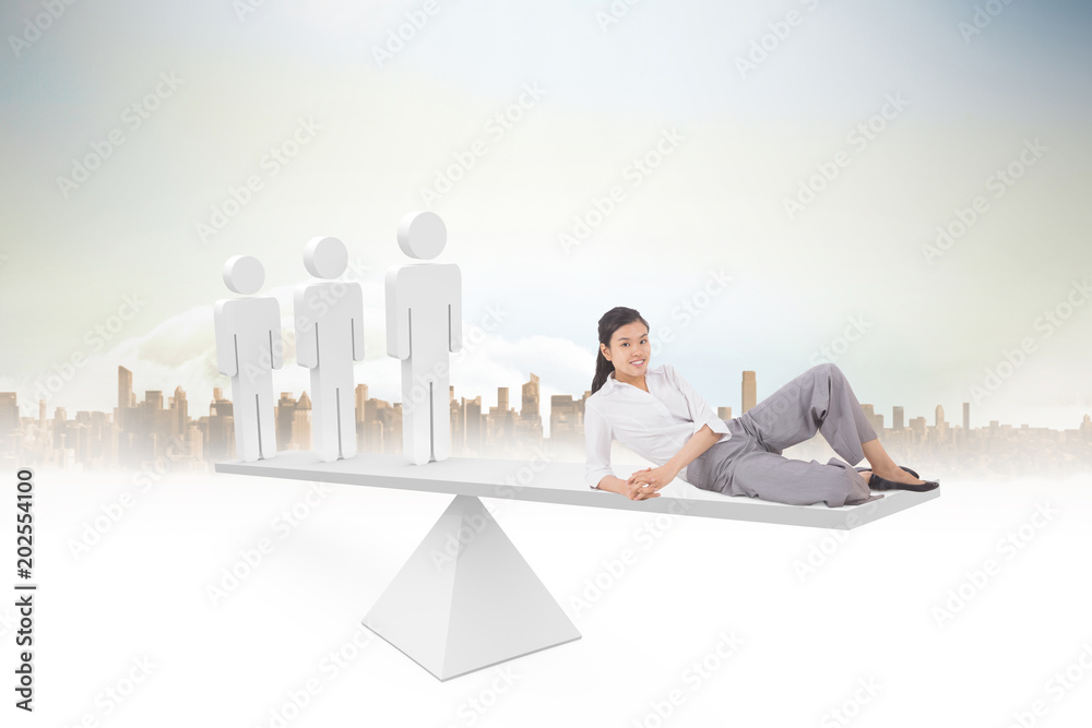Scales weighing relaxed businesswoman and stick men against cityscape