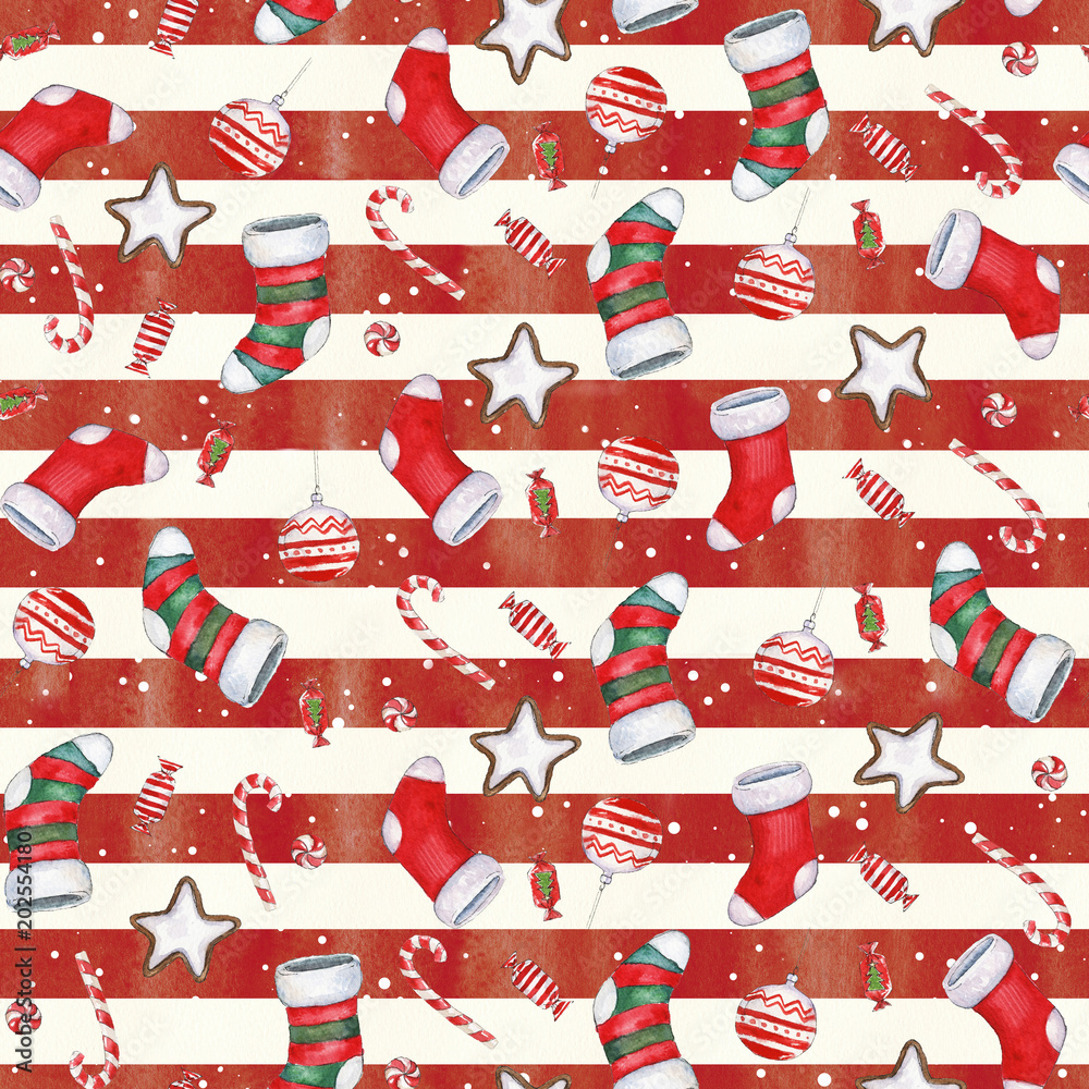 Watercolor hand drawn Christmas seamless pattern with Christmas stockings, candy canes, Christmas decorations, stars and toys on white-red striped background