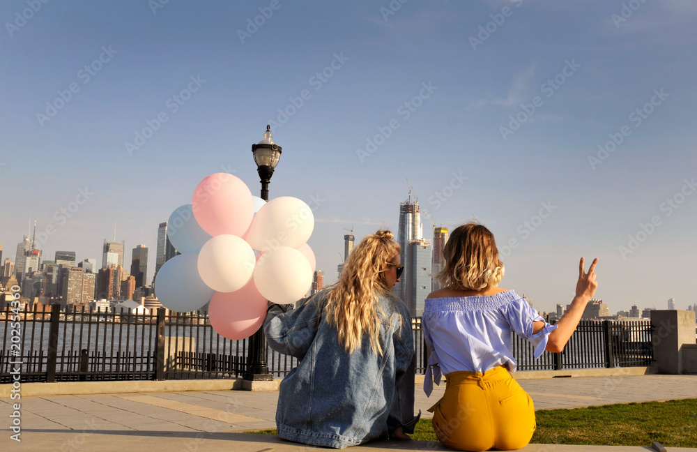 Φωτογραφία New York city urban women enjoying view of downtown Manhattan skyline, summer tr