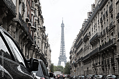 Street view of Eiffel Tower in Paris, France