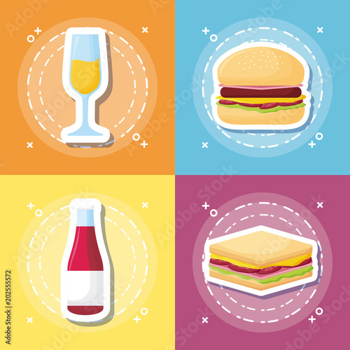 icon set of picnic food concept over colorful squares  vector illustration