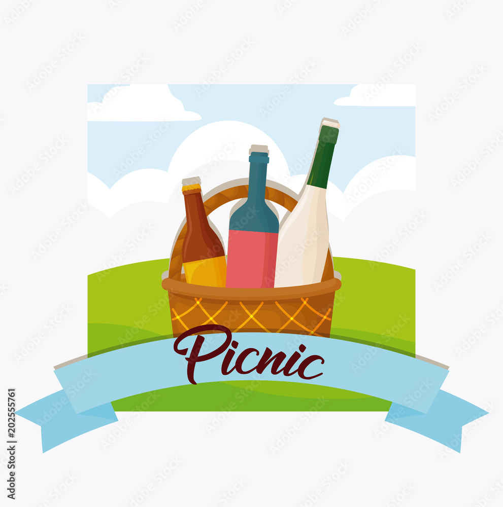 Picnic food emblem with basket and drink bottles over landscape and white background, colorful design. vector illustration Picnic food emblem with basket and drink bottles over landscape and white background, colorful design. vector illustration