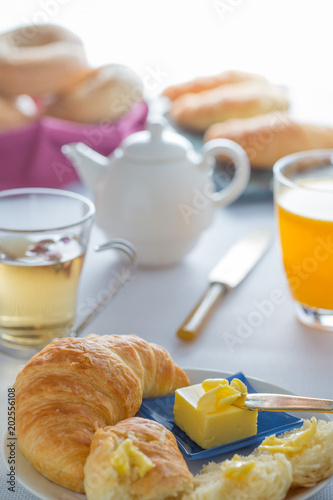 Bright sunny table Croissant Breakfast