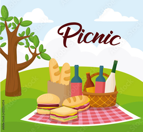 landscape with picnic blanket with food  colorful design. vector illustration