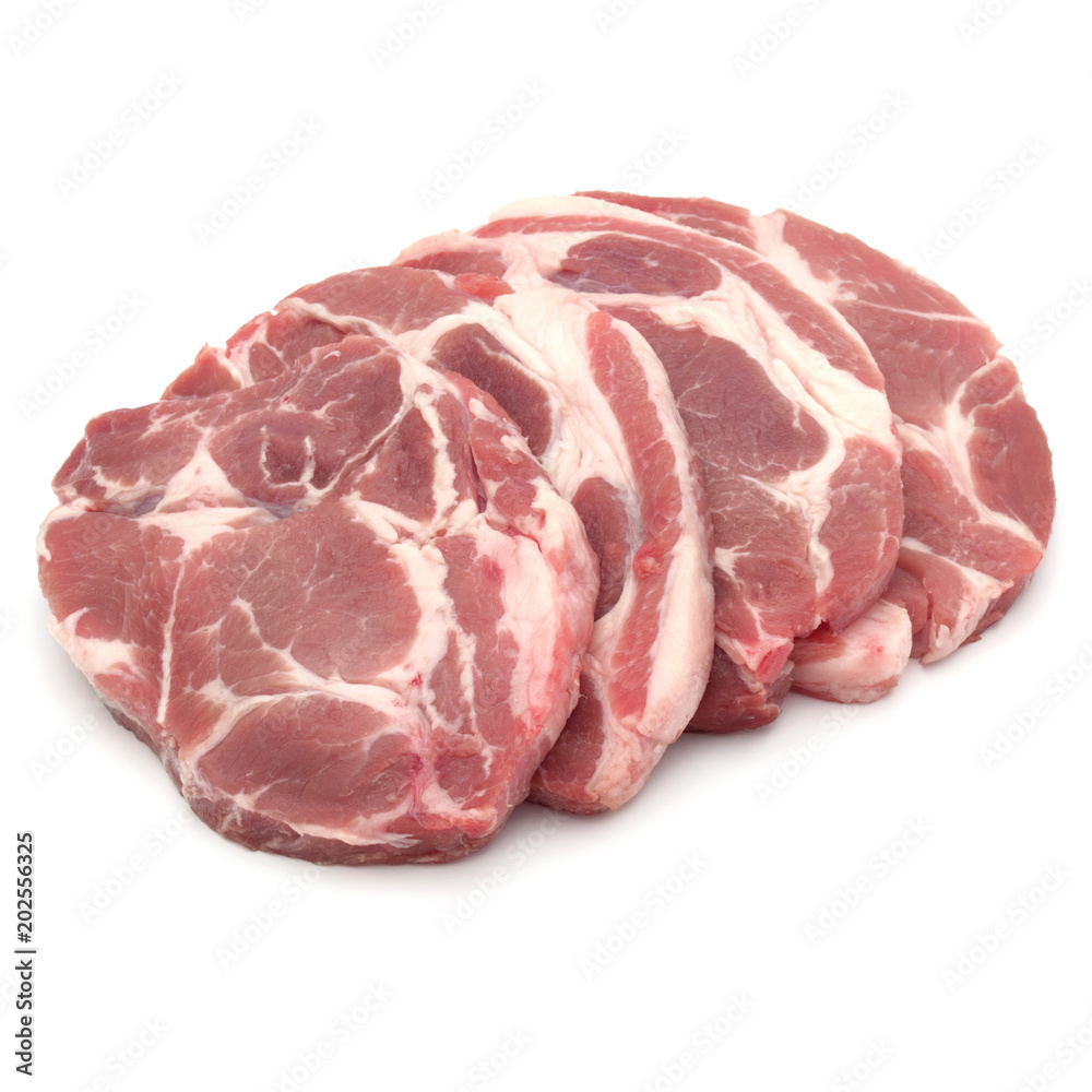 Raw pork chop meat isolated on white background cutout Raw pork chop meat isolated on white background cutout