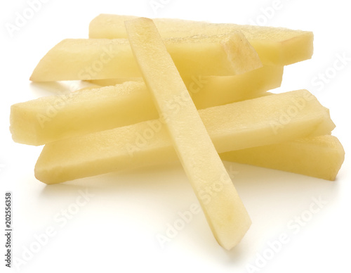 Raw Potato sliced strips prepared for French fries isolated on white background