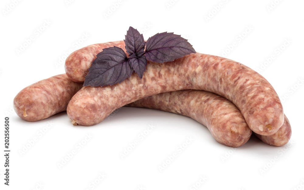 Raw sausage with basil leaf isolated on white background Raw sausage with basil leaf isolated on white background