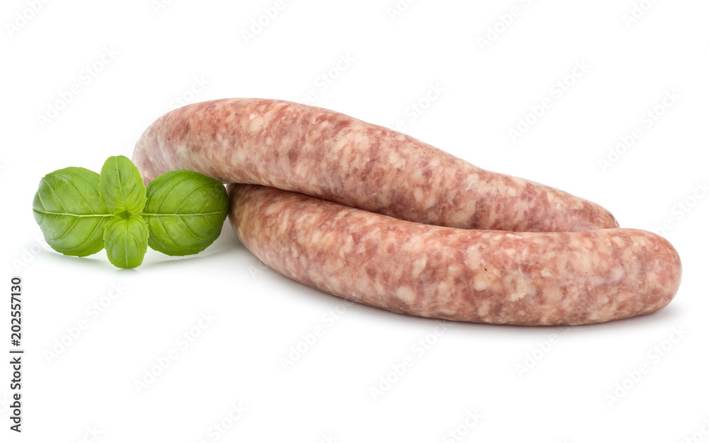 Raw sausage with basil leaf isolated on white background Raw sausage with basil leaf isolated on white background