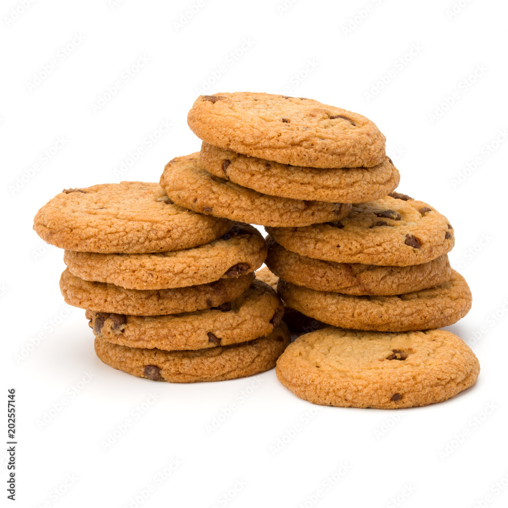 Stacked Chocolate chip cookies isolated on white background. Sweet biscuits. Homemade pastry.
