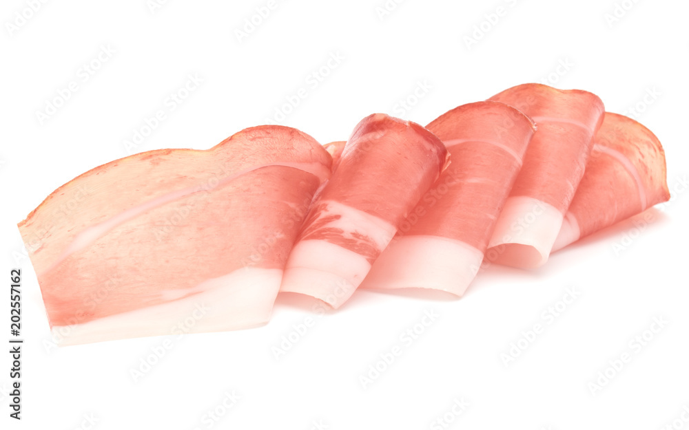 Italian prosciutto crudo or jamon. Raw ham. Isolated on white background Italian prosciutto crudo or jamon. Raw ham. Isolated on white background