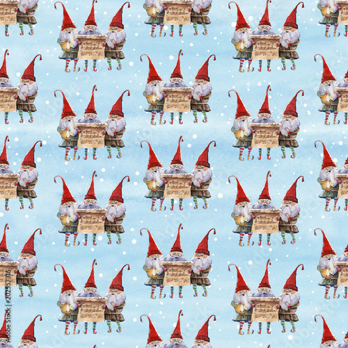 Watercolor hand drawn Christmas seamless pattern with singing Christmas Carol dwarfs on icy-blue background