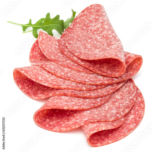 Salami smoked sausage slices isolated on white background