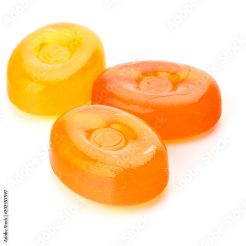Canvastavla Three colorful fruit hard sugar candies,  boiled sweeties or sugar plums isolate