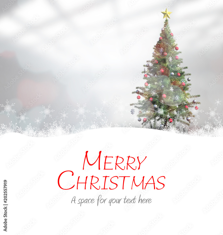 Merry christmas against christmas tree in bright room Merry christmas against christmas tree in bright room