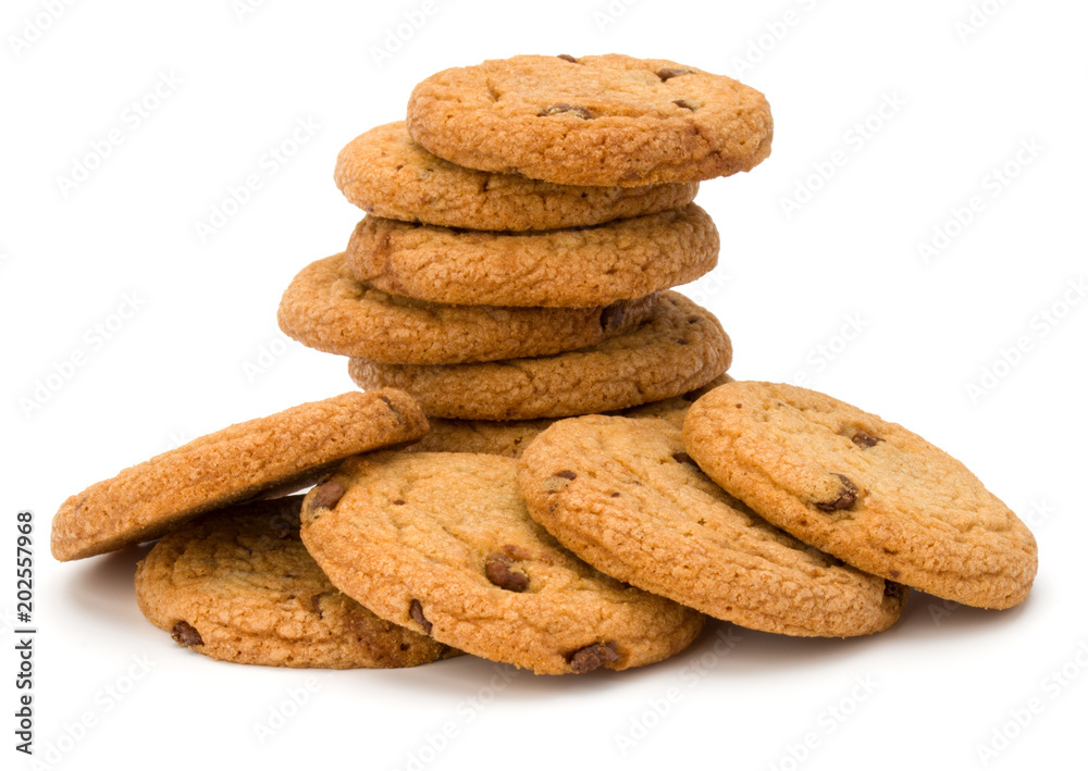 Stacked Chocolate chip cookies isolated on white background. Sweet biscuits. Homemade pastry. Stacked Chocolate chip cookies isolated on white background. Sweet biscuits. Homemade pastry.