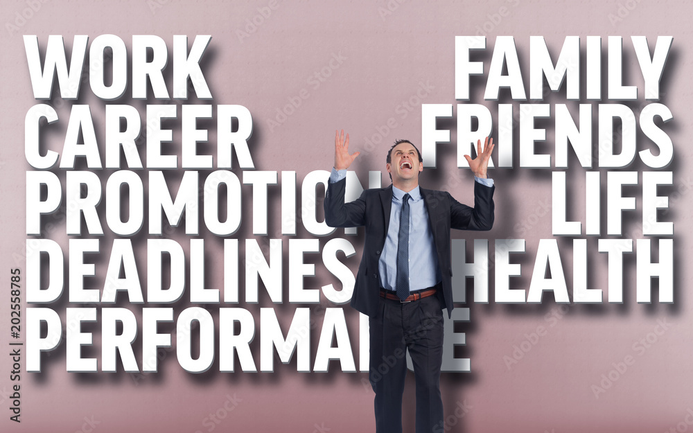 Stressed businessman gesturing against grey vignette Stressed businessman gesturing against grey vignette