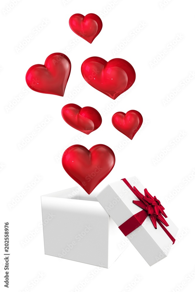 Hearts flying from box on white background