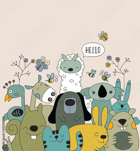 Plakat Wektorowa ilustracja Doodle śliczny zwierzęcy tło, kreskówki sk