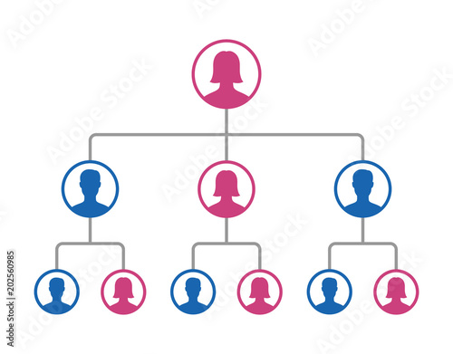 Female leader in a business management hierarchy with managers flat vector color icon for apps and websites
