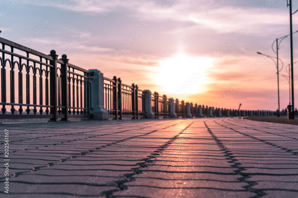Fototapeta premium Empty sidewalk in Blagoveshchensk