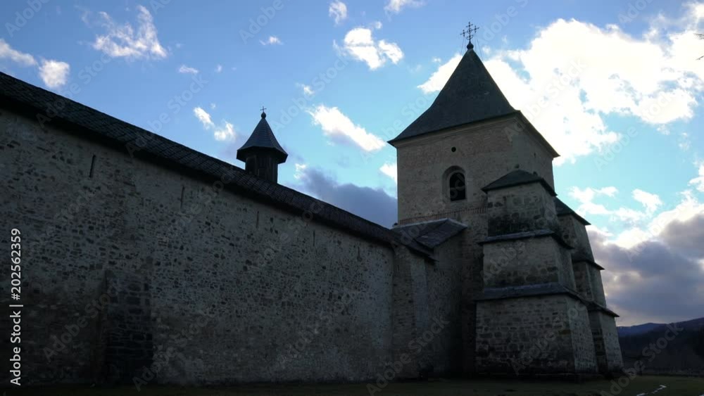 Stonewall with tower at Sucevita Monastery 