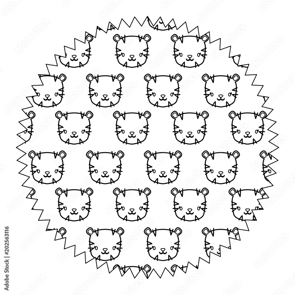 circular frame with cute tigers pattern over white background, vector illustration