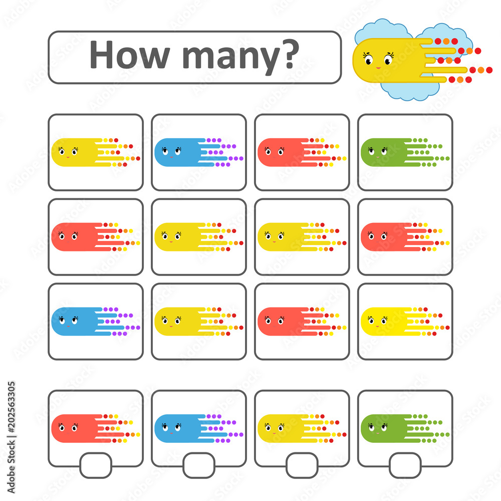 Counting game for preschool children. Count as many fantastic creatures in the picture and record the result. With a place for answers. Simple flat isolated vector illustration. Counting game for preschool children. Count as many fantastic creatures in the picture and record the result. With a place for answers. Simple flat isolated vector illustration.