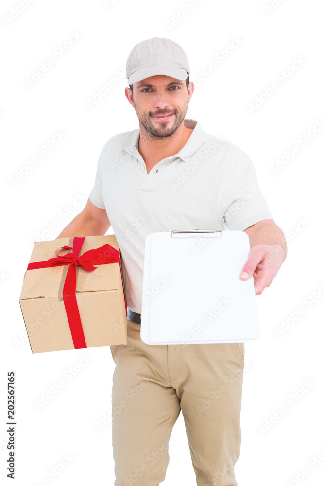Delivery man giving clipboard for signature