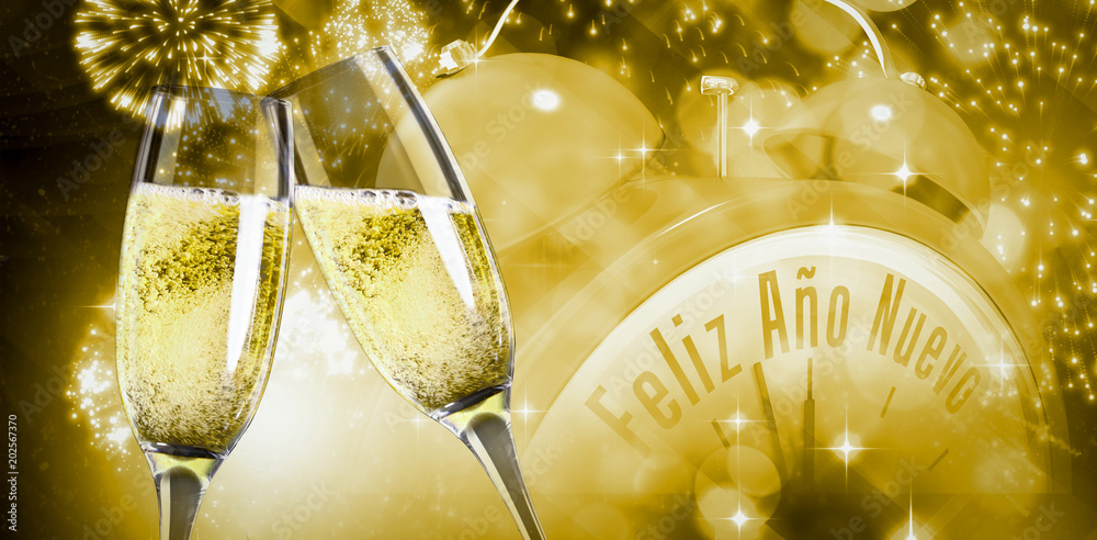 Fotografie Champagne glasses clinking against white fireworks exploding on black background