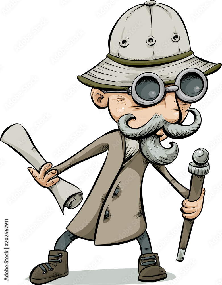 Φωτογραφία A cartoon of a fashionable, retro-styled explorer wearing glasses and a hat and holding a scrolled map and cane