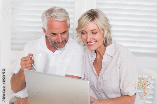 Smiling mature couple using laptop