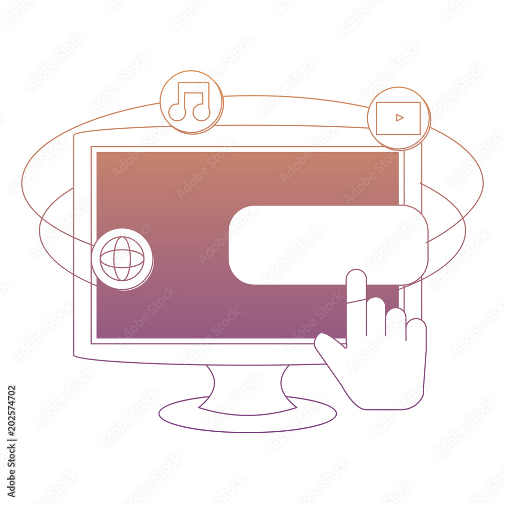 computer with social media related icons around over white background, colorful design. vector illustration computer with social media related icons around over white background, colorful design. vector illustration