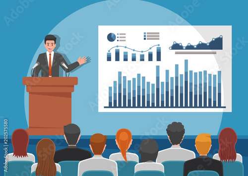 Businessmen giving speech or presenting charts on a whiteboard