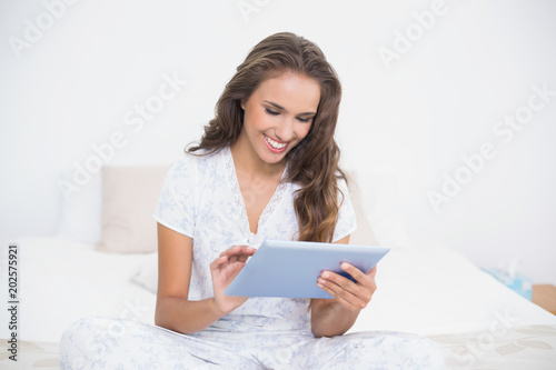 Smiling attractive brunette using a tablet