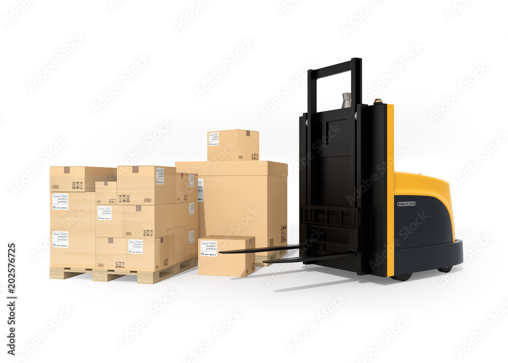 Stack of brown cardboard boxes on wooden pallet, self-driving forklift isolated on white background. 3D rendering image. Stack of brown cardboard boxes on wooden pallet, self-driving forklift isolated on white background. 3D rendering image.