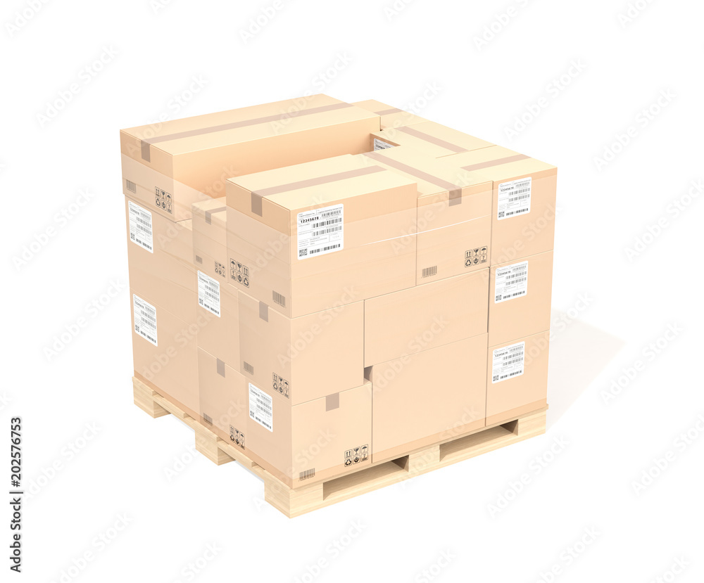 Stack of brown cardboard boxes mock-up on pallet isolated on white background. 3D rendering image. Stack of brown cardboard boxes mock-up on pallet isolated on white background. 3D rendering image.