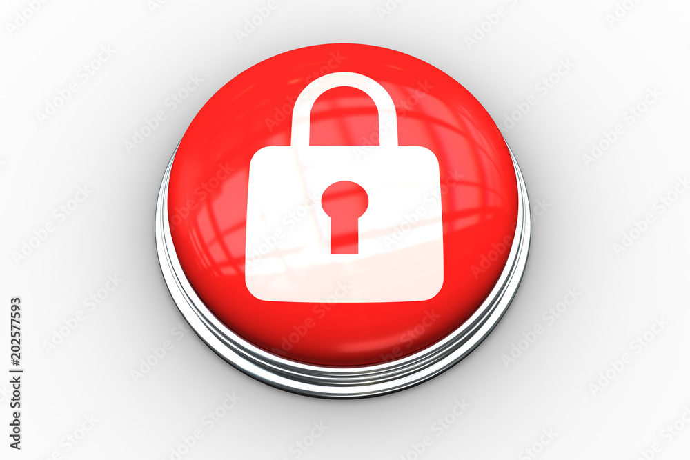 Lock graphic on digitally generated red push button Lock graphic on digitally generated red push button