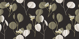 Seamless pattern, vintage brown and white silver dollar eucalyptus leaves with flowers on dark gray background