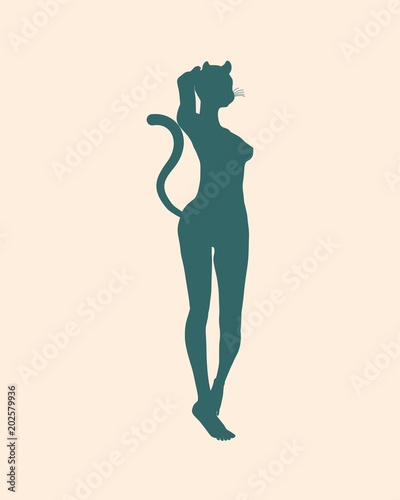 The silhouette of a woman with cat ears and tail
