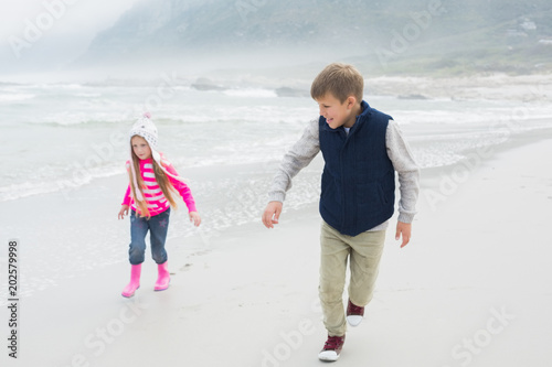 Full length of siblings running at beach