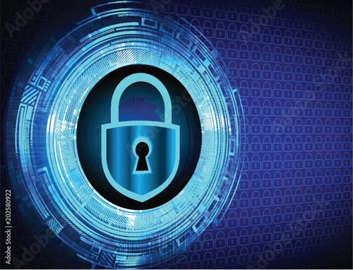 Safety concept, Closed Padlock on digital background, cyber security, Blue abstract hi speed internet technology background illustration. key vector